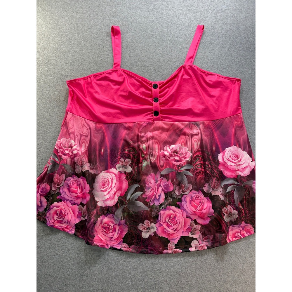 Pink Floral Rose Print Swim Tankini Top Babydoll Henley Button Camisole Plus‎